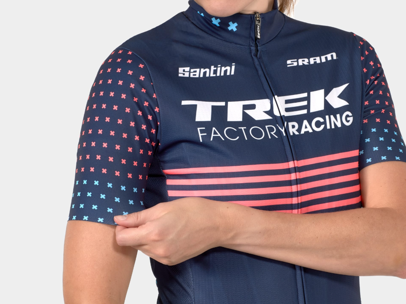 Trek Santini Factory Racing Women's CX Team Replica Cycling Short Sleeve Jersey in Blue/Coral-2